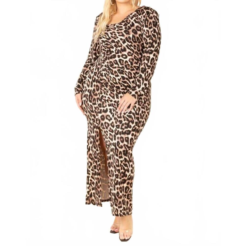NEW KAREN T DESIGN knit ruched print dress in brown